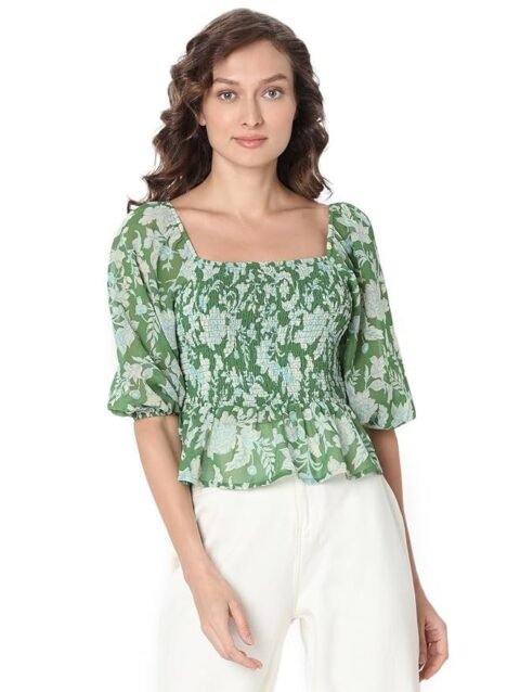 VERO MODA Floral Printed Puff Sleeve Cinched Waist Crop Top